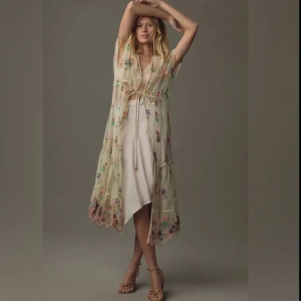Anthropologie Bl-nk Sheer Floral Embroidered Overlay Duster Kimono